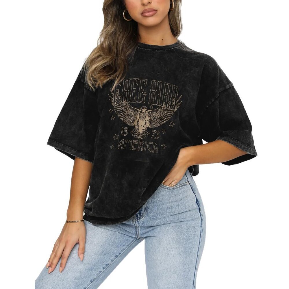Vintage Rock Band Graphic Tee Oversized Boho Retro Casual Short Sleeve Top